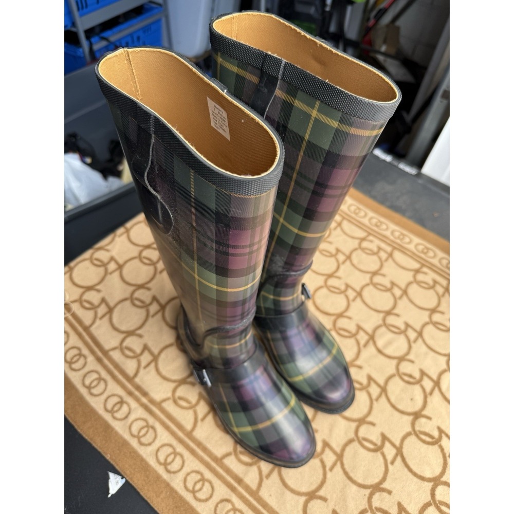 LL Bean Wellie Rain Boots Size 7 Plaid Rubber Tall